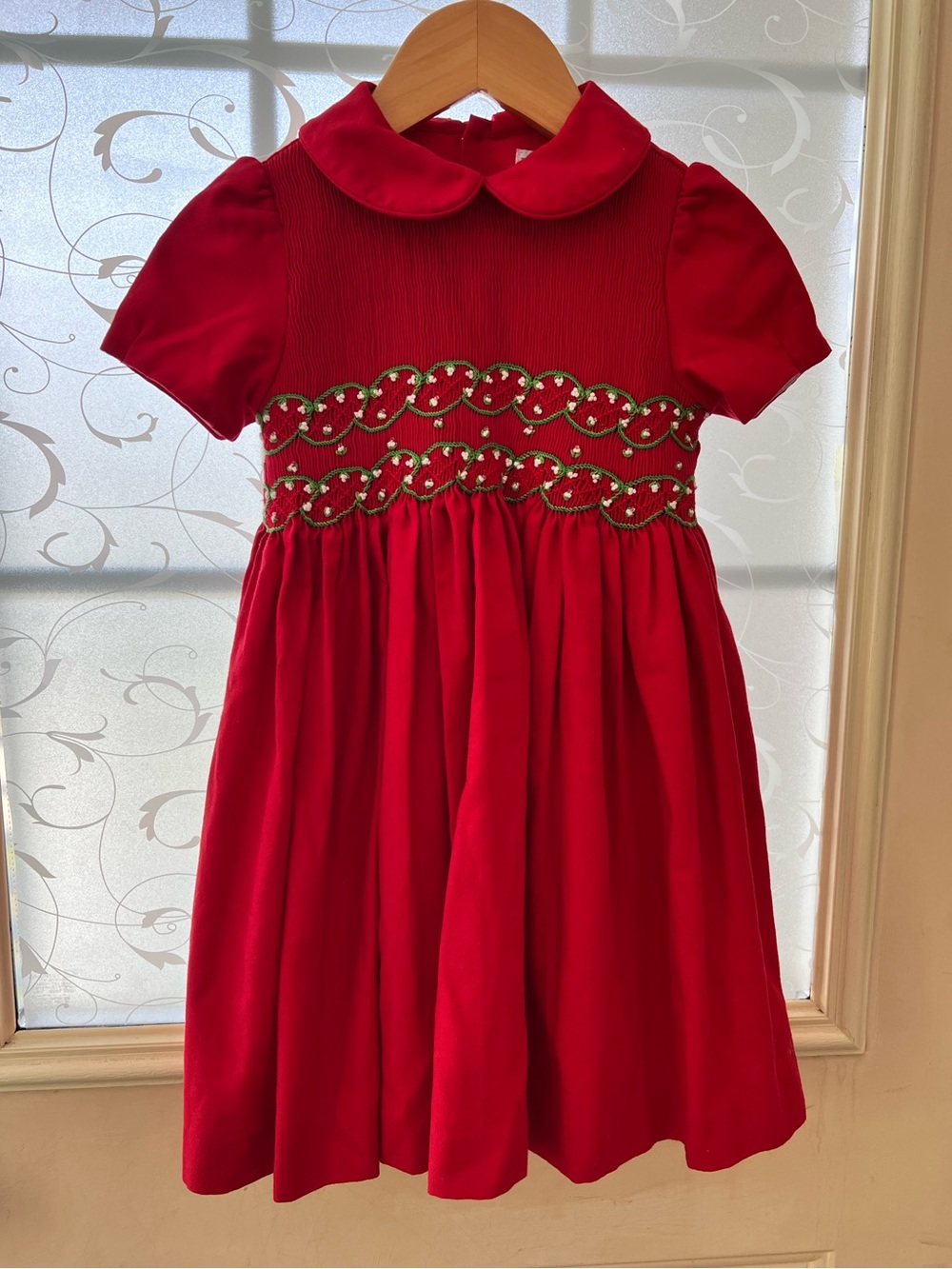 Luli & Me Red hand smocked Holiday dress short sleeve, button and tie back. 4T